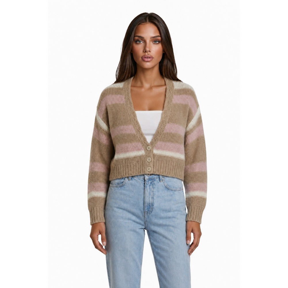 Free People Chunky Cardigan Womens Size Small Tan Pink Striped Wool Alpaca Blend